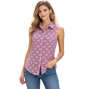 No Boundaries Pink Blue Diamond Print Sleeveless Top Small Open Back Keyhole